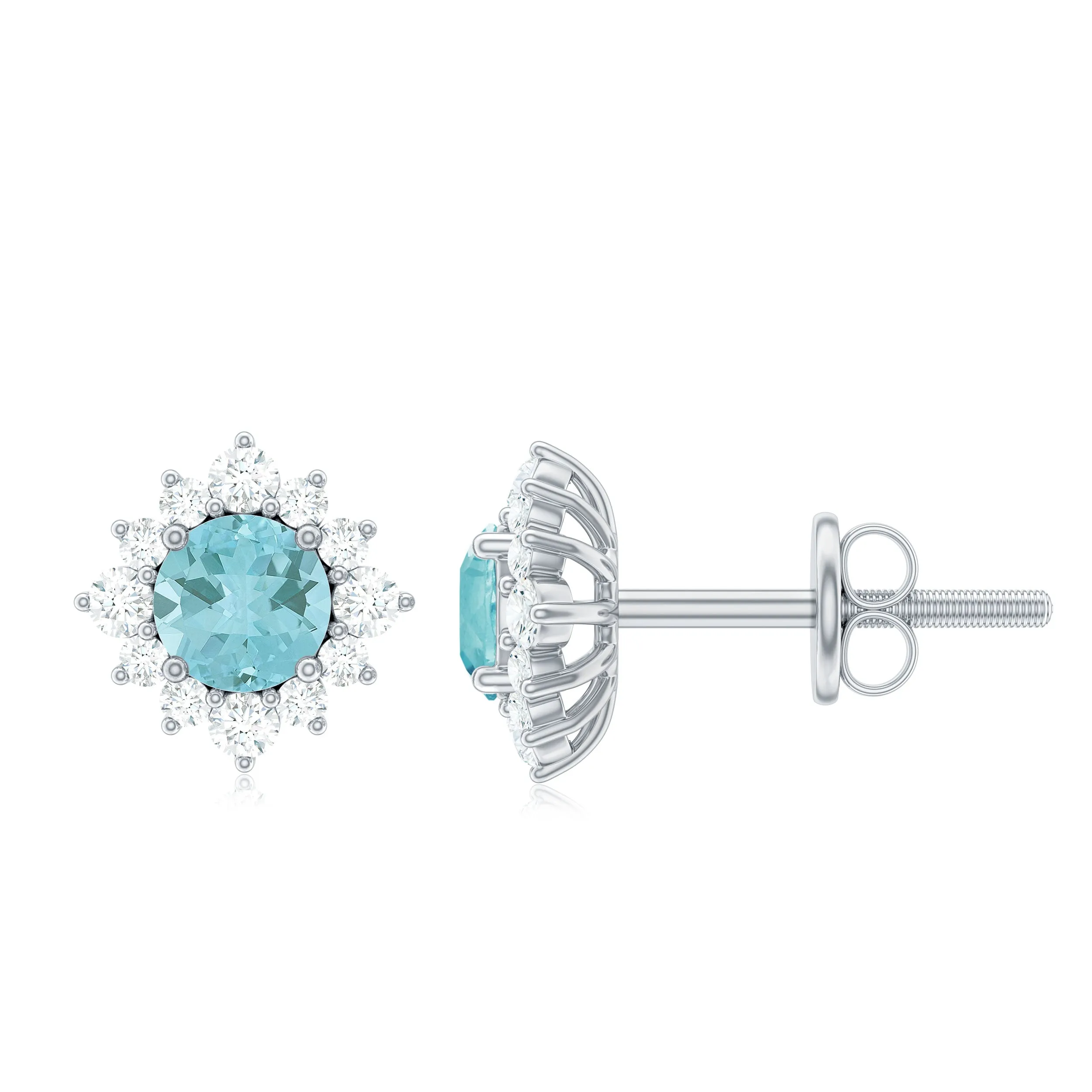 1 CT Classic Sky Blue Topaz Stud Earrings with Diamond Halo