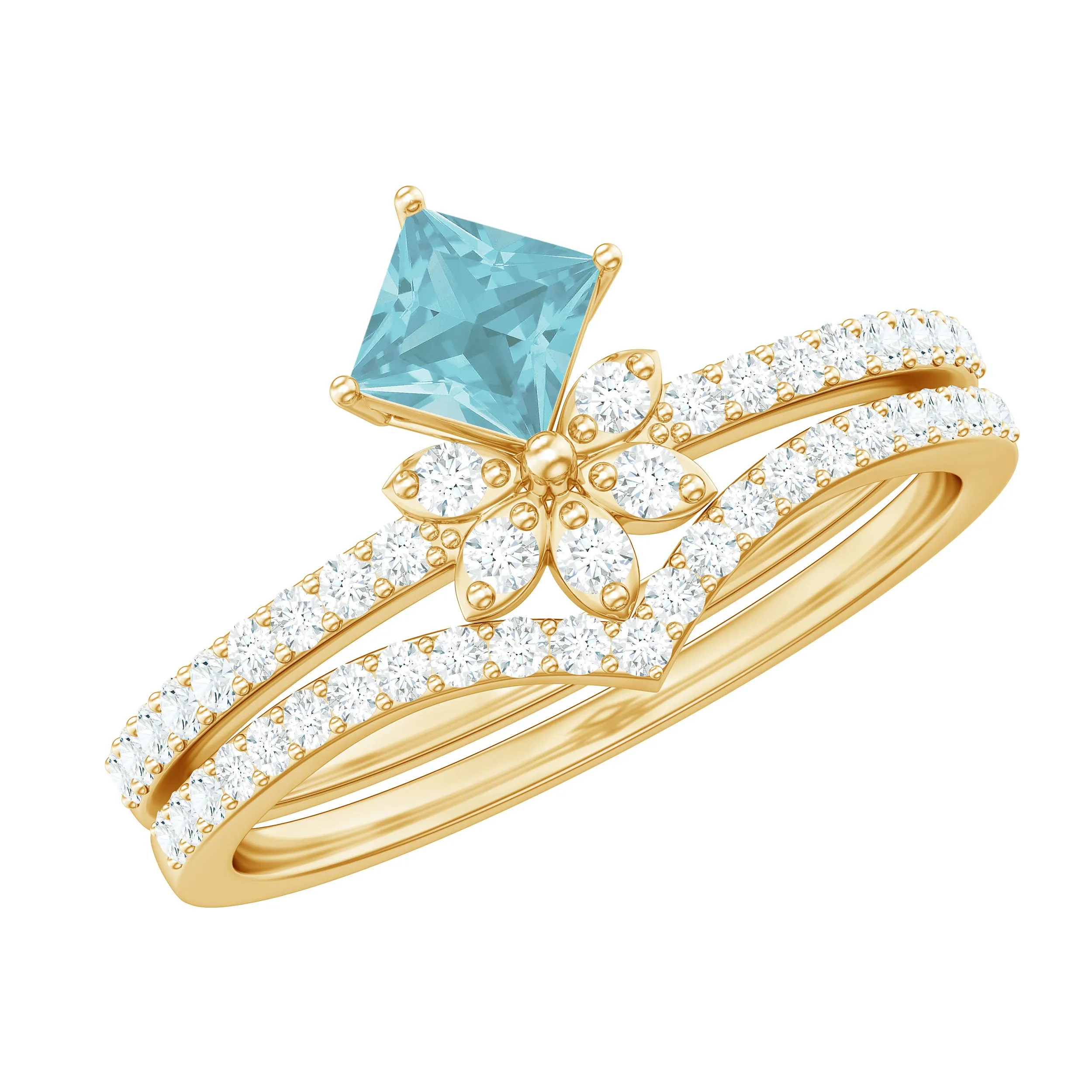 1.75 CT Princess Cut Sky Blue Topaz and Diamond Flower Ring Set