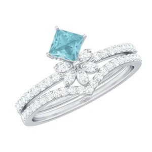 1.75 CT Princess Cut Sky Blue Topaz and Diamond Flower Ring Set