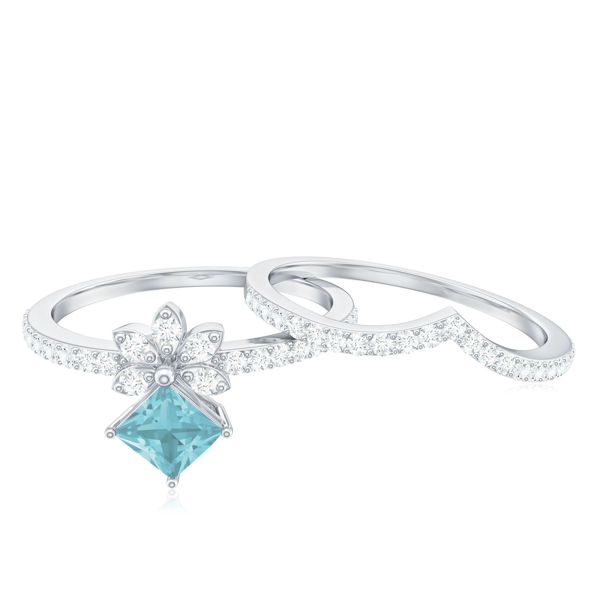 1.75 CT Princess Cut Sky Blue Topaz and Diamond Flower Ring Set