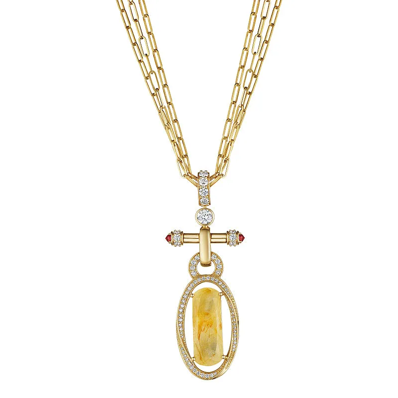 18k Onsa Yellow Gold Necklace With 1.09 Cts Vs-Gh Diamonds  And Rutilated Quartz And Sapphire And Ruby