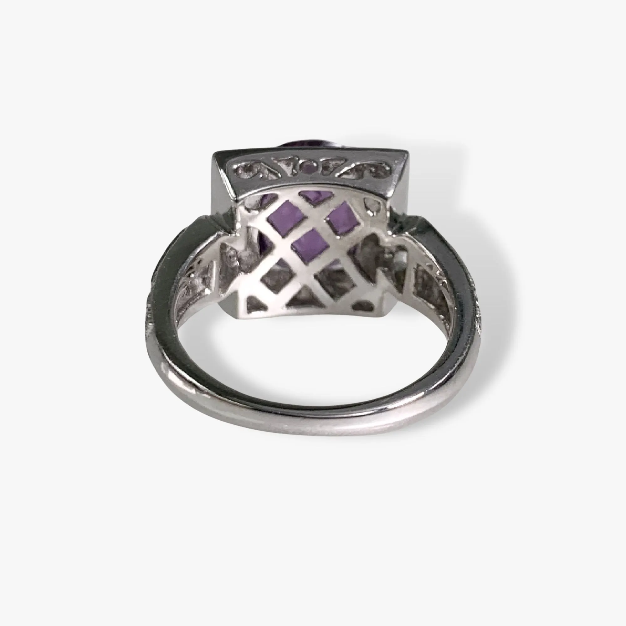 18k White Gold Cushion Cut Purple Sapphire and Diamond Ring