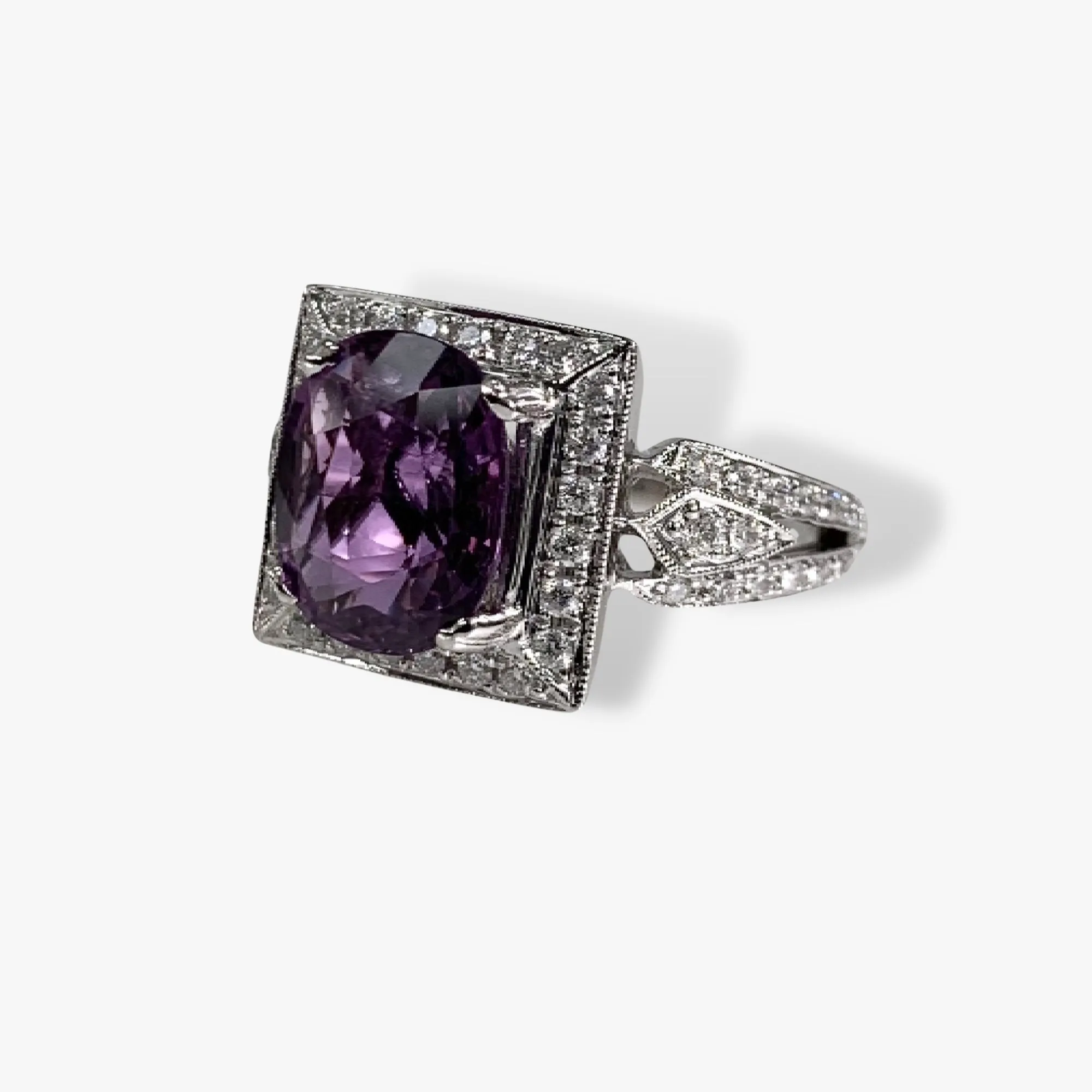 18k White Gold Cushion Cut Purple Sapphire and Diamond Ring