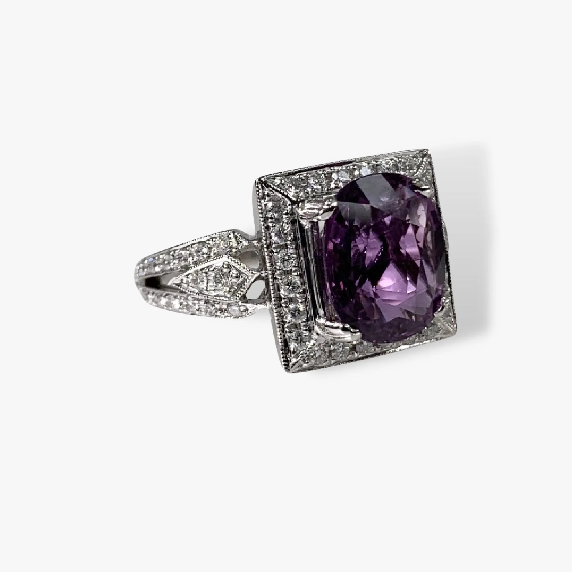 18k White Gold Cushion Cut Purple Sapphire and Diamond Ring