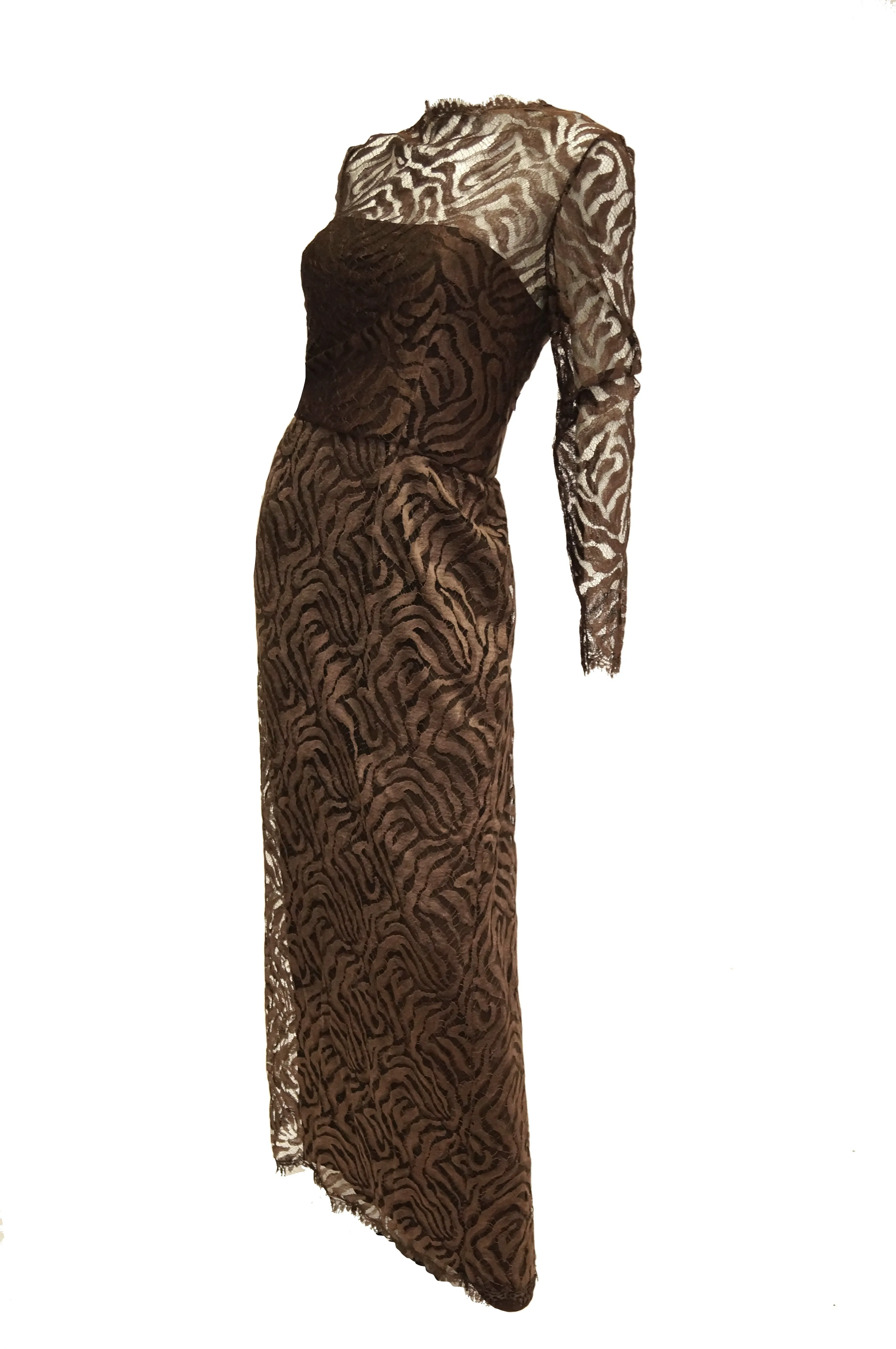 1980s Stanley Platos Martin Ross Floor Length Umber Lace Evening Dress