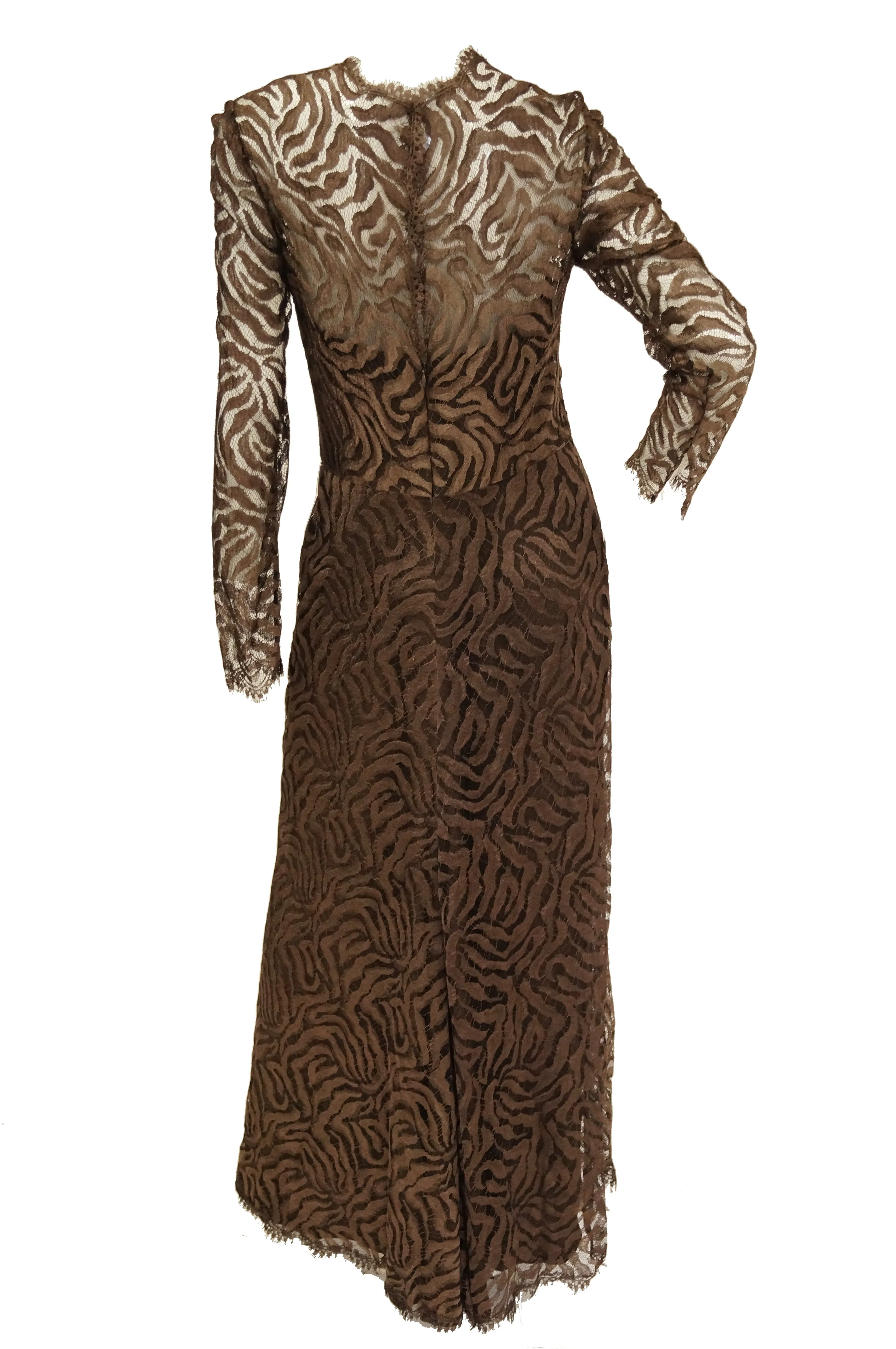 1980s Stanley Platos Martin Ross Floor Length Umber Lace Evening Dress