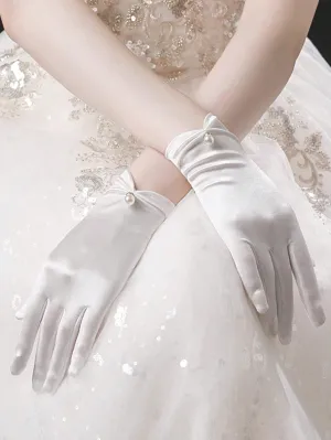 1pc Children's Dress Gloves For Girls, White/Black Spring/Summer Pearl Imitation Satin Gloves For Weddings, Performances, Dance, And Bridal Accessories