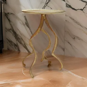 24 Inch Accent Side Table, Antler Base Design, Ribbed Top, Aluminium, Gold By Casagear Home