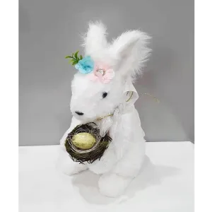 26cm White Plush Easter Rabbit with Nest and Flowers