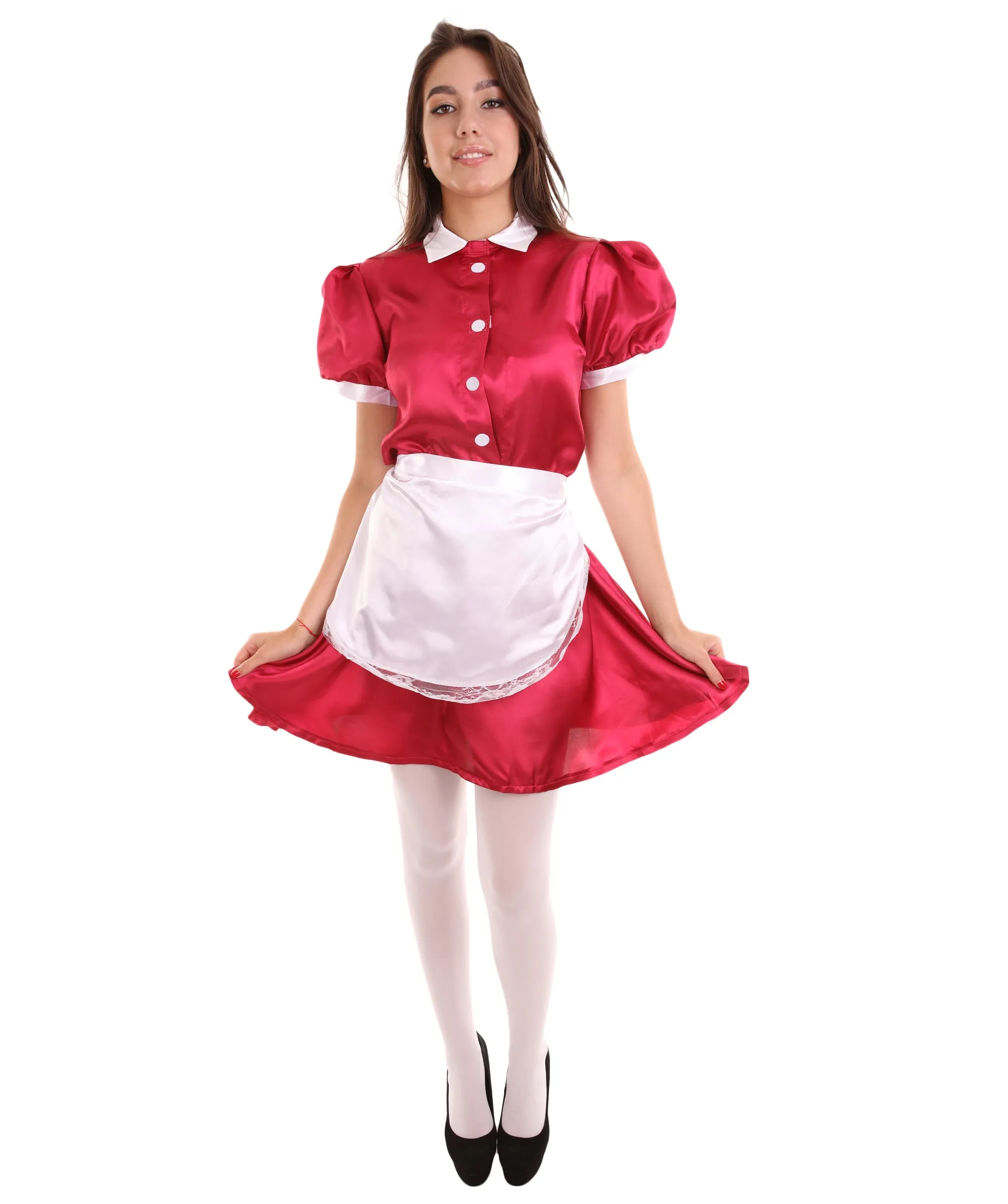 Adult Women's French Apron Maid Uniform Costume | Dark Red Cosplay Costume