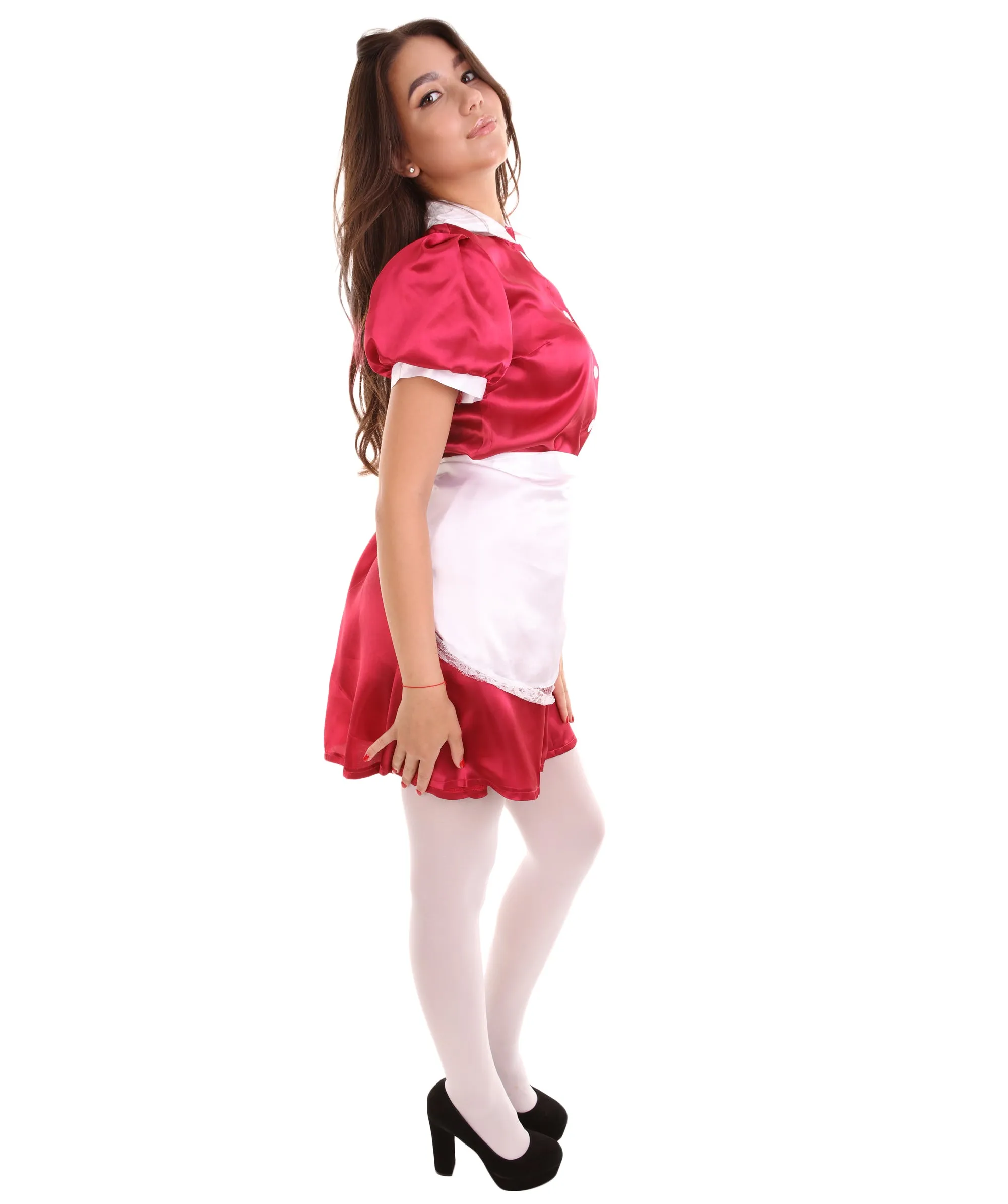 Adult Women's French Apron Maid Uniform Costume | Dark Red Cosplay Costume