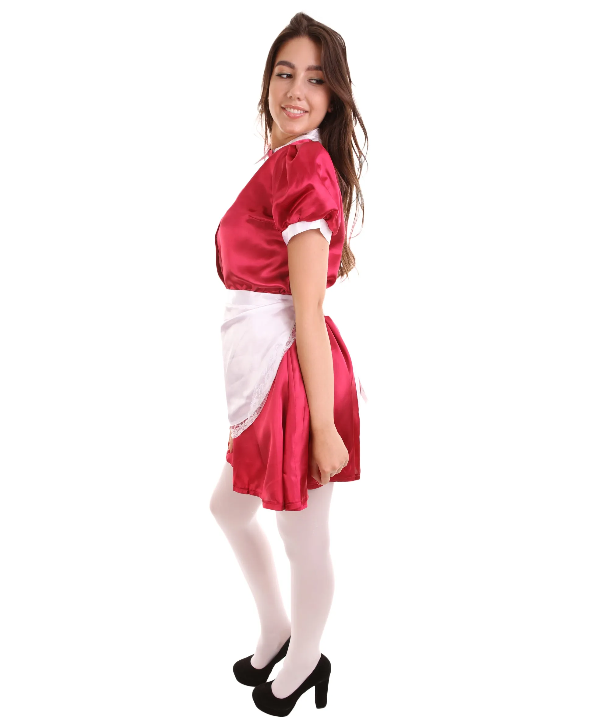 Adult Women's French Apron Maid Uniform Costume | Dark Red Cosplay Costume