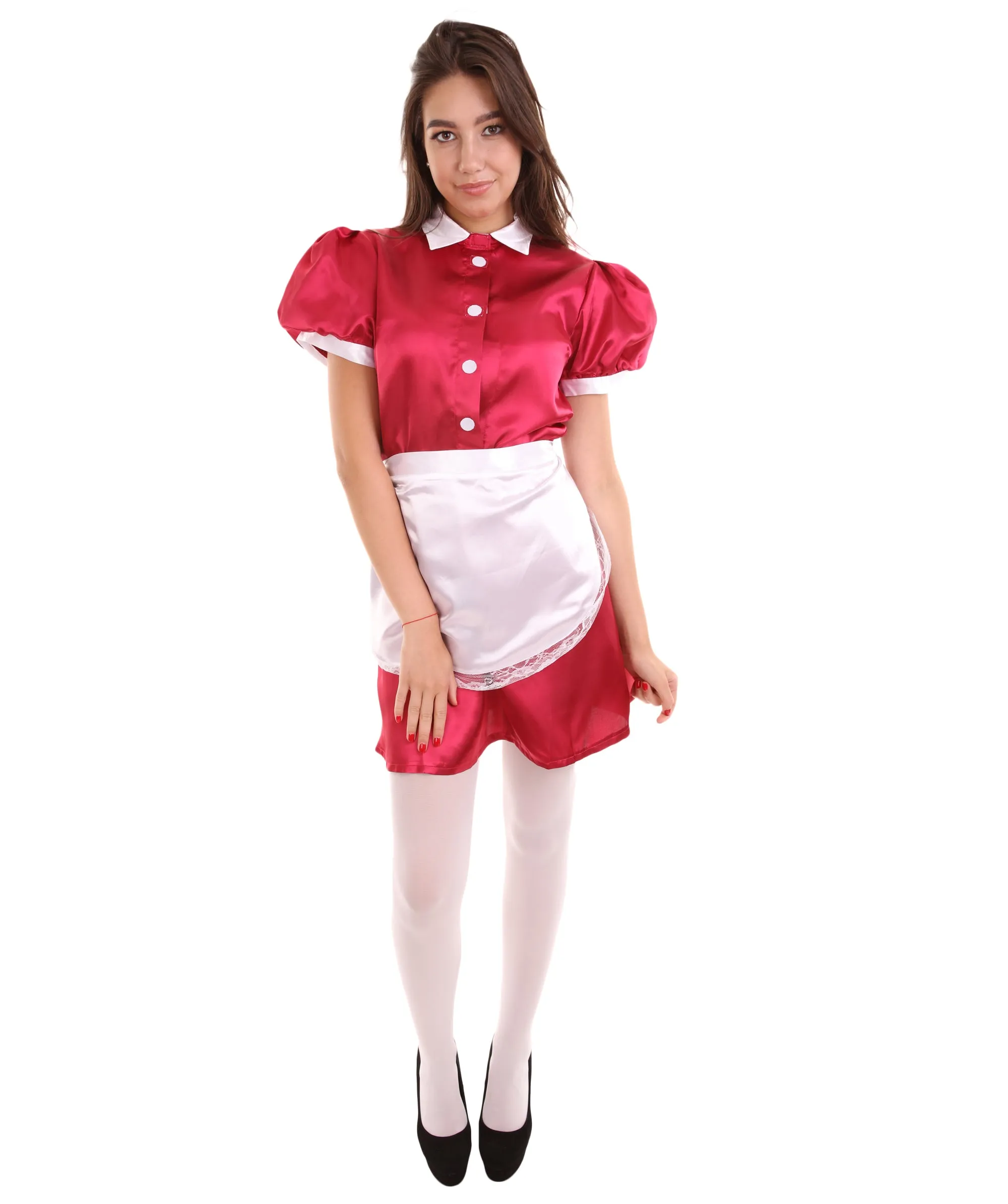 Adult Women's French Apron Maid Uniform Costume | Dark Red Cosplay Costume