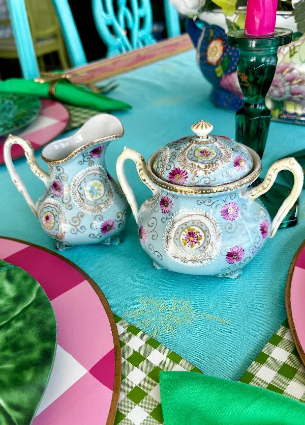 Antique Sugar Bowl With Lid and Creamer, Nippon, Hand Painted, Sky Blue, Pink, White