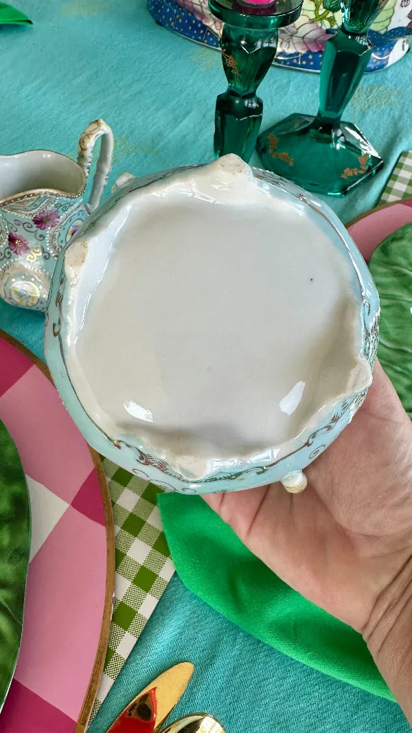 Antique Sugar Bowl With Lid and Creamer, Nippon, Hand Painted, Sky Blue, Pink, White