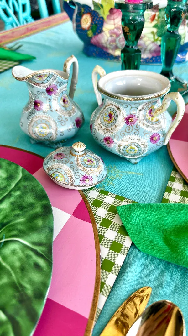 Antique Sugar Bowl With Lid and Creamer, Nippon, Hand Painted, Sky Blue, Pink, White