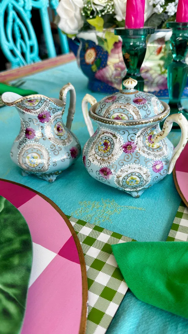 Antique Sugar Bowl With Lid and Creamer, Nippon, Hand Painted, Sky Blue, Pink, White