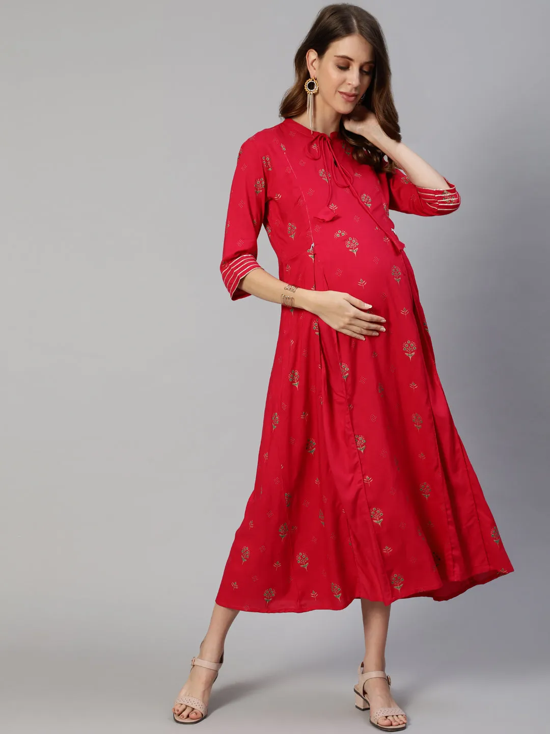 Anubhutee Red Floral Maternity A-Line Midi Dress