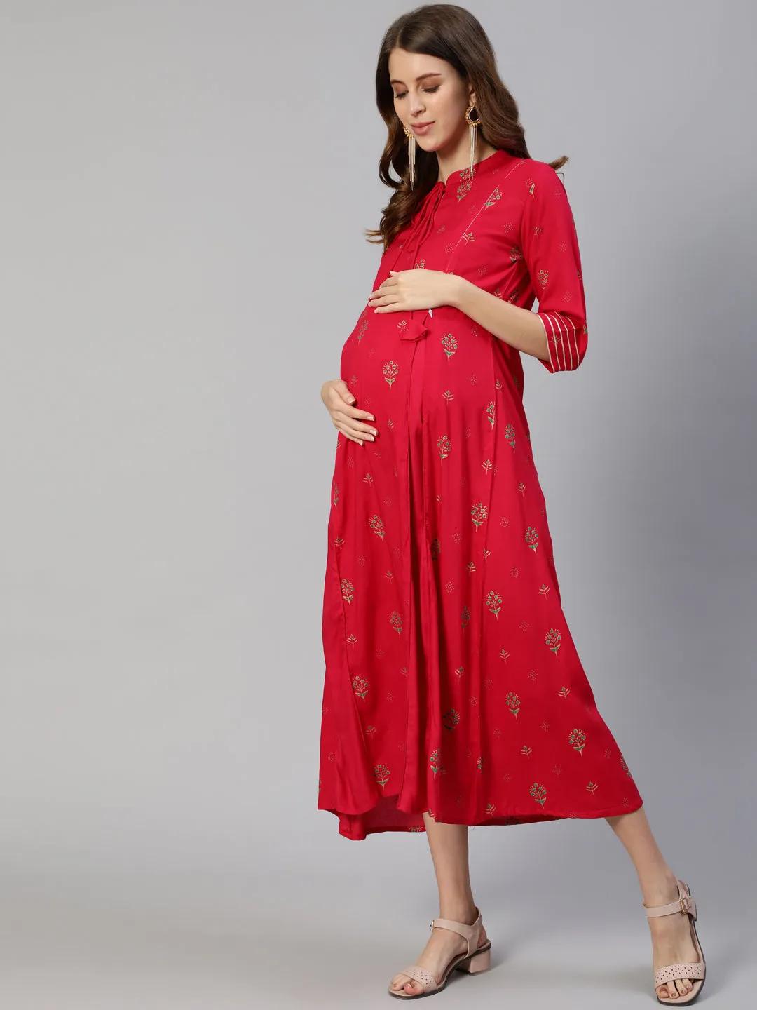 Anubhutee Red Floral Maternity A-Line Midi Dress