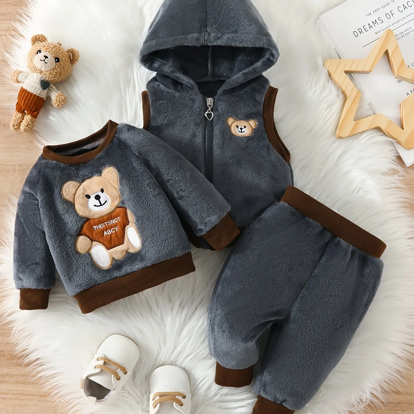 Baby Boys Bear Embroidered Fleece Outfit Set  Perfect Gift