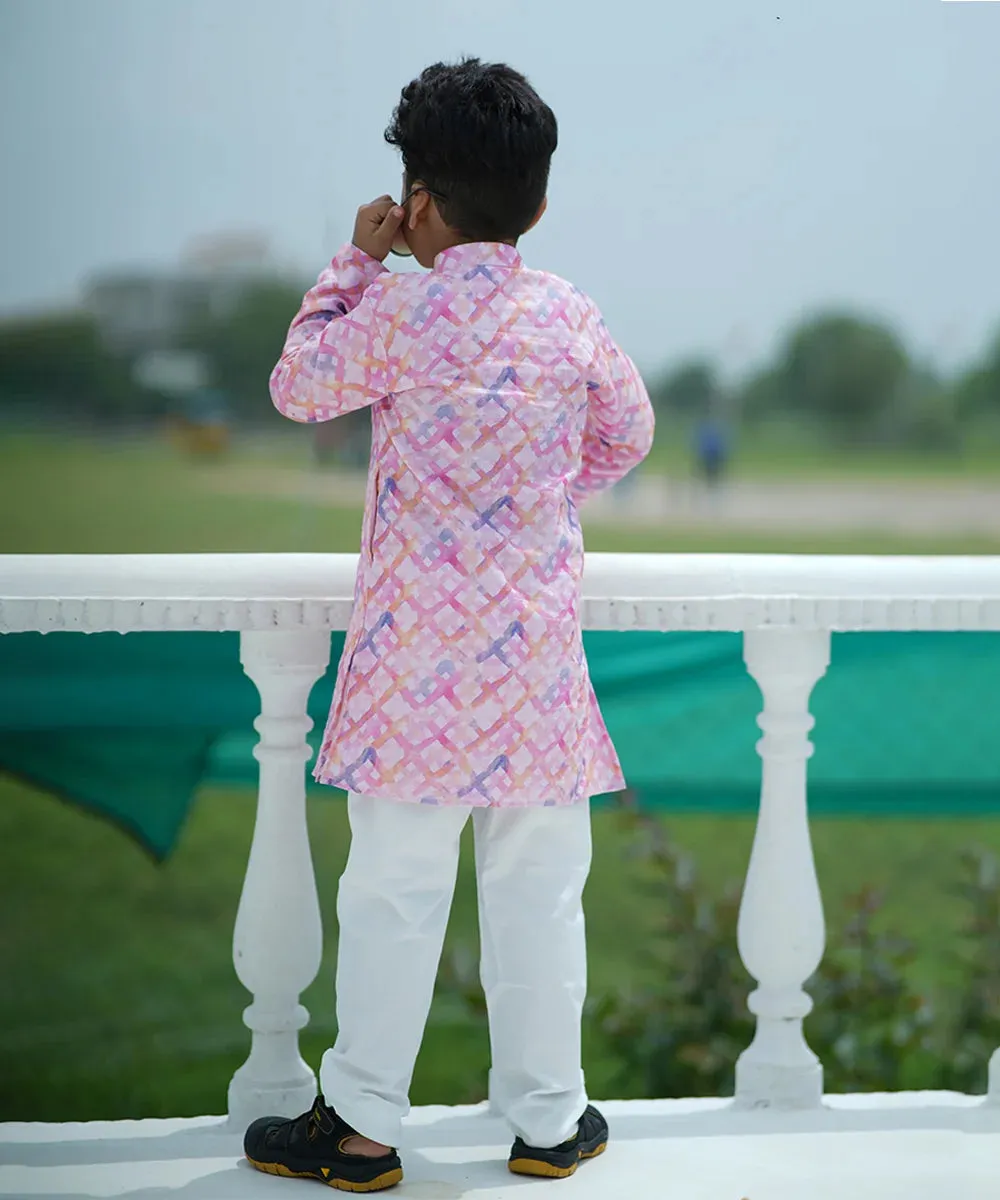 Baby Pink Color Checked Kurta Pyjama Set for Festive Events