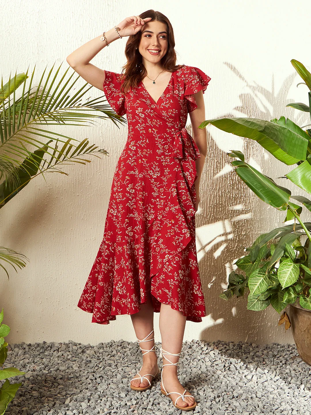 Berrylush Women Red & White Floral Printed V-Neck Flutter Sleeve Waist Tie-Up Straight Hem Wrap Midi Dress