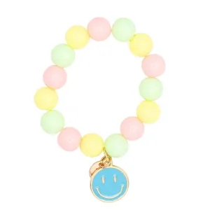 Blue Happy Face Enamel Charm Beaded Stretch Bracelet