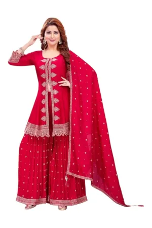 Cherry red embroidered sharara kurta set