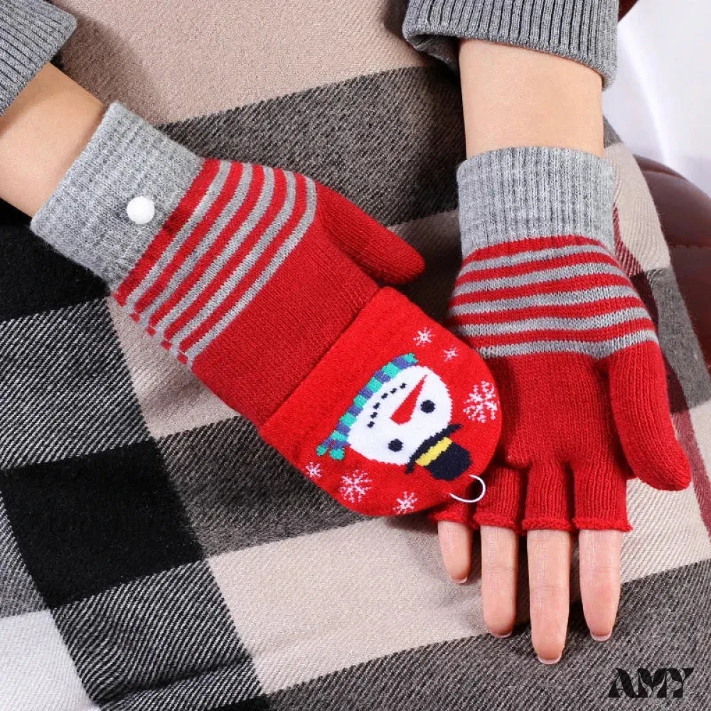 Christmas Elk Printed Knitted Flip Half Finger Winter Glove