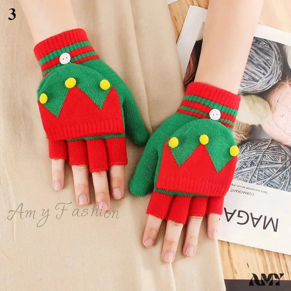 Christmas Elk Printed Knitted Flip Half Finger Winter Glove