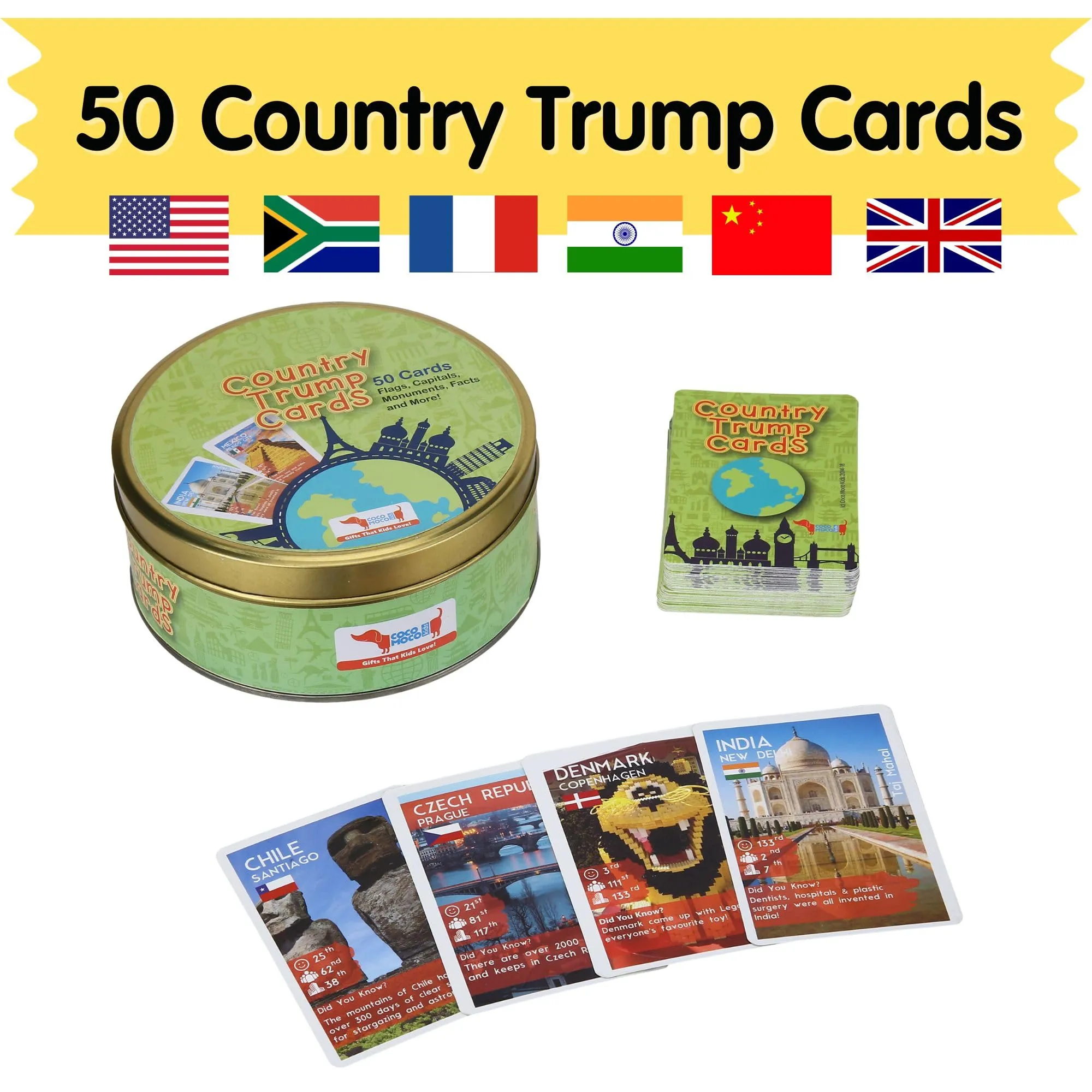 CocoMoco Kids Birthday Return Gifts for Kids Bulk Pack of 20 Pcs Country Trump Cards Game Gifts Under 300 for Boys Girls Age 6-8 yrs 8-12 Years, Learn Flags, Geography Map Educational Learning Toys