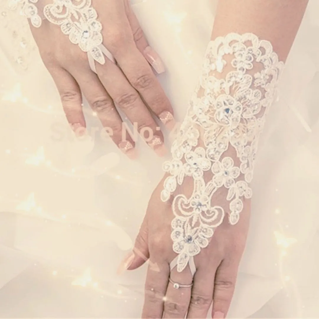 Elegant Beaded Lace Satin Short Bridal Fingerless Gloves-Bridal Accessories