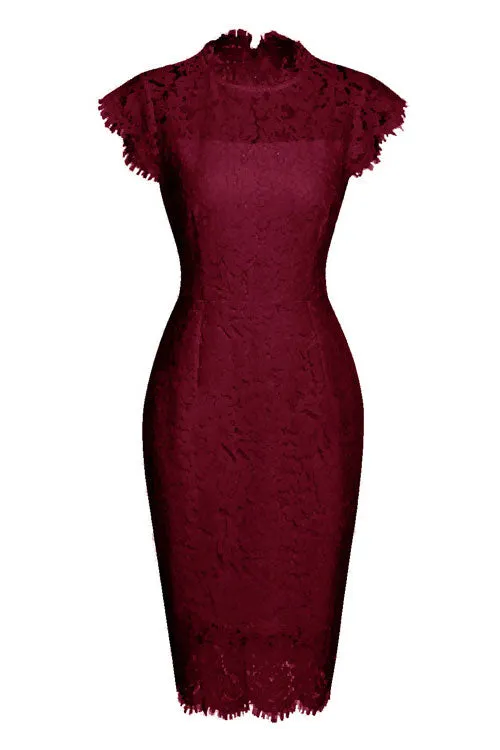 Elegant Burgundy Knee Length Lace Cocktail Party Dress