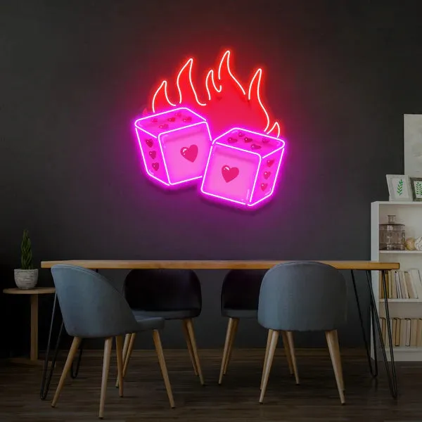 Flaming Dice Neon Sign: Playful Design, Dynamic Illumination, and Durable Quality for a Lively Space