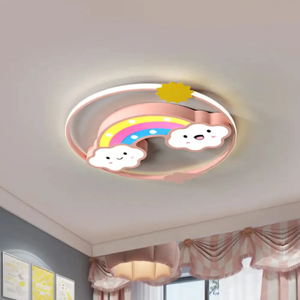 Iron Rainbow/Cloud Flush Mount LED Ceiling Light - Cartoon Pink/Blue Fixture for Kids' Bedroom