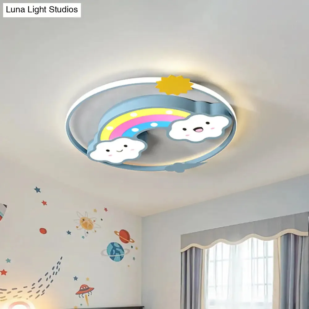 Iron Rainbow/Cloud Flush Mount LED Ceiling Light - Cartoon Pink/Blue Fixture for Kids' Bedroom