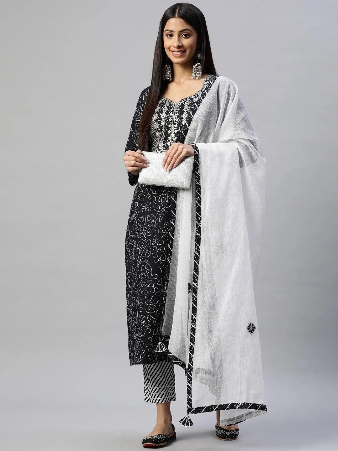 Jashvi Black and White Cotton Kurta Pant Set With Dupatta