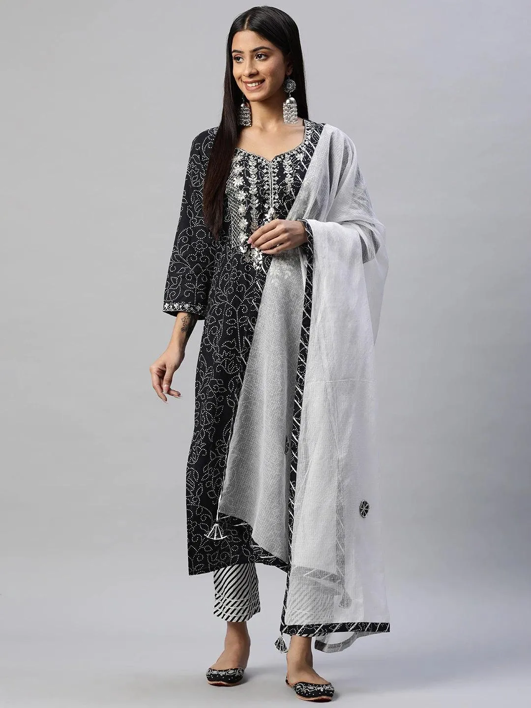 Jashvi Black and White Cotton Kurta Pant Set With Dupatta