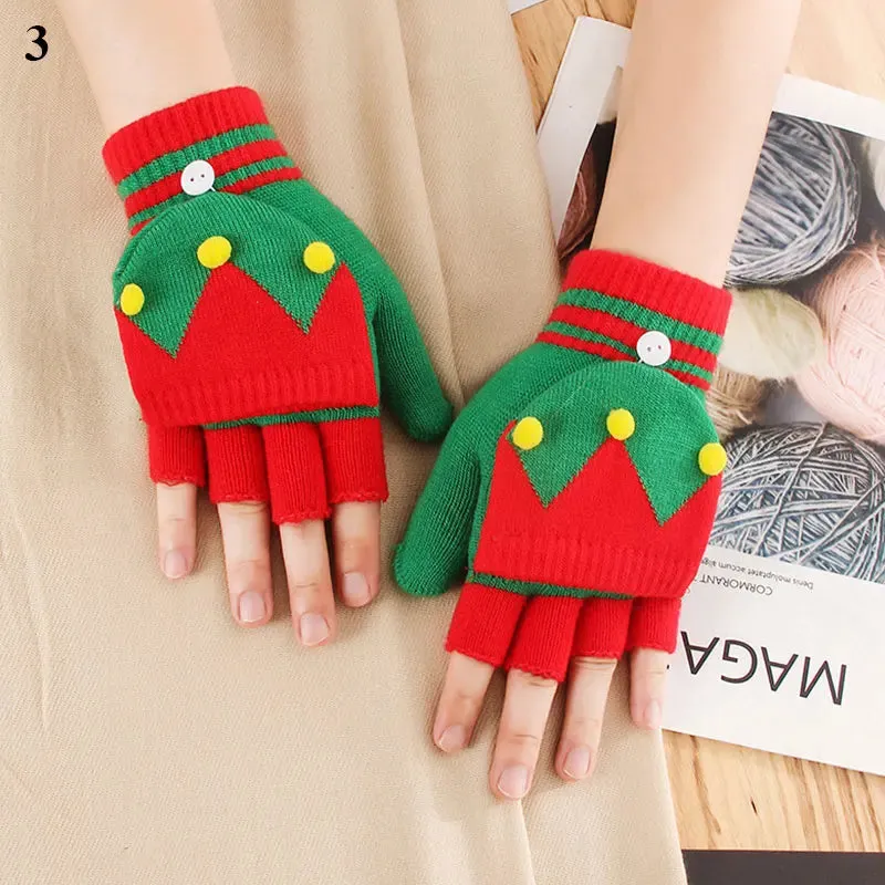 Knitted Flip Christmas Elk Printed Warm Touchscreen Half Finger Winter Christmas Glove