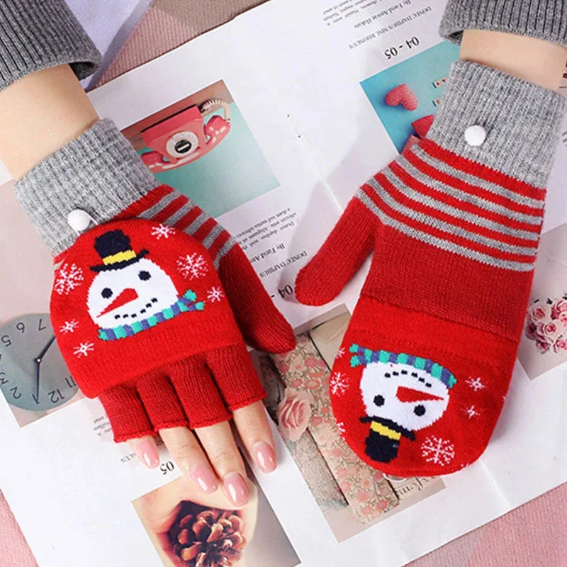 Knitted Flip Christmas Elk Printed Warm Touchscreen Half Finger Winter Christmas Glove