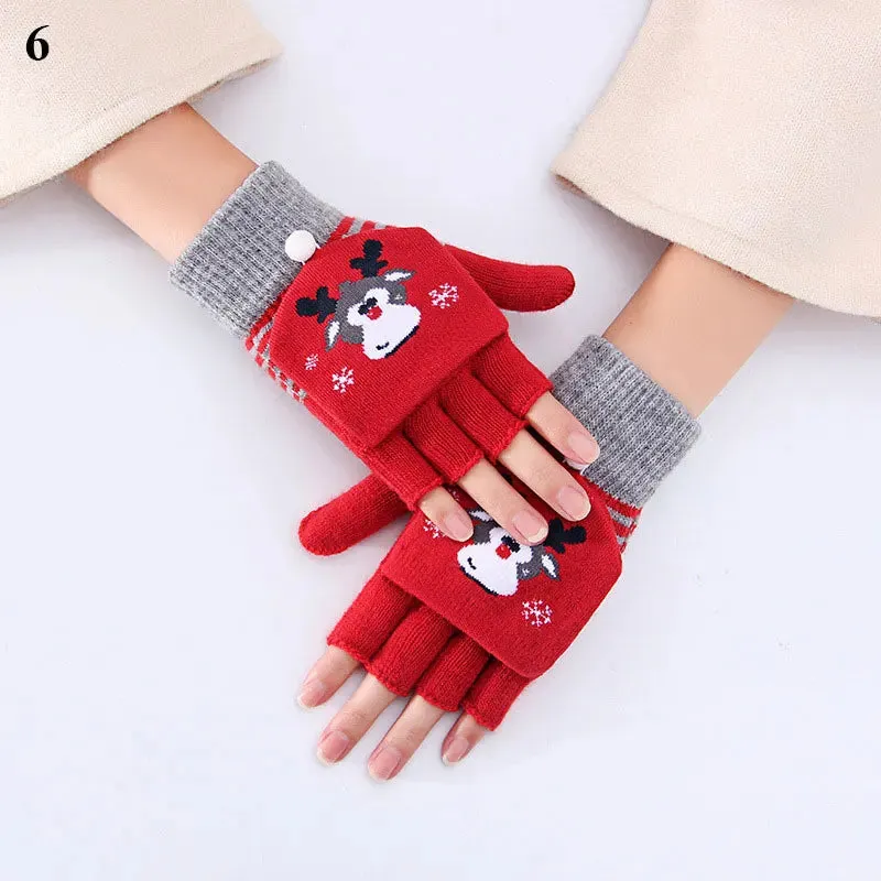 Knitted Flip Christmas Elk Printed Warm Touchscreen Half Finger Winter Christmas Glove