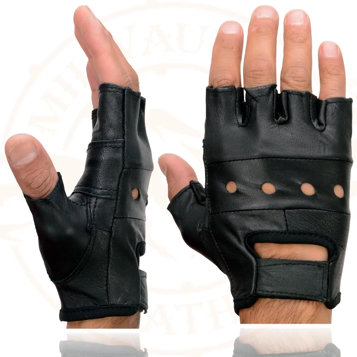 Milwaukee Leather SH216 Men's Black Leather Gel Padded Palm Fingerless Motorcycle Hand Gloves W/ Breathable ‘Open Knuckle’