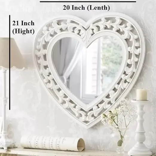 MUSKAN ARTS Solid Wooden Handcarved Heart Shape Mirror Frame with Mirror for Living Room, Bedroom, Bathroom & Home, White Colour, (d2.54 x w50.8 x h53.34 cm)