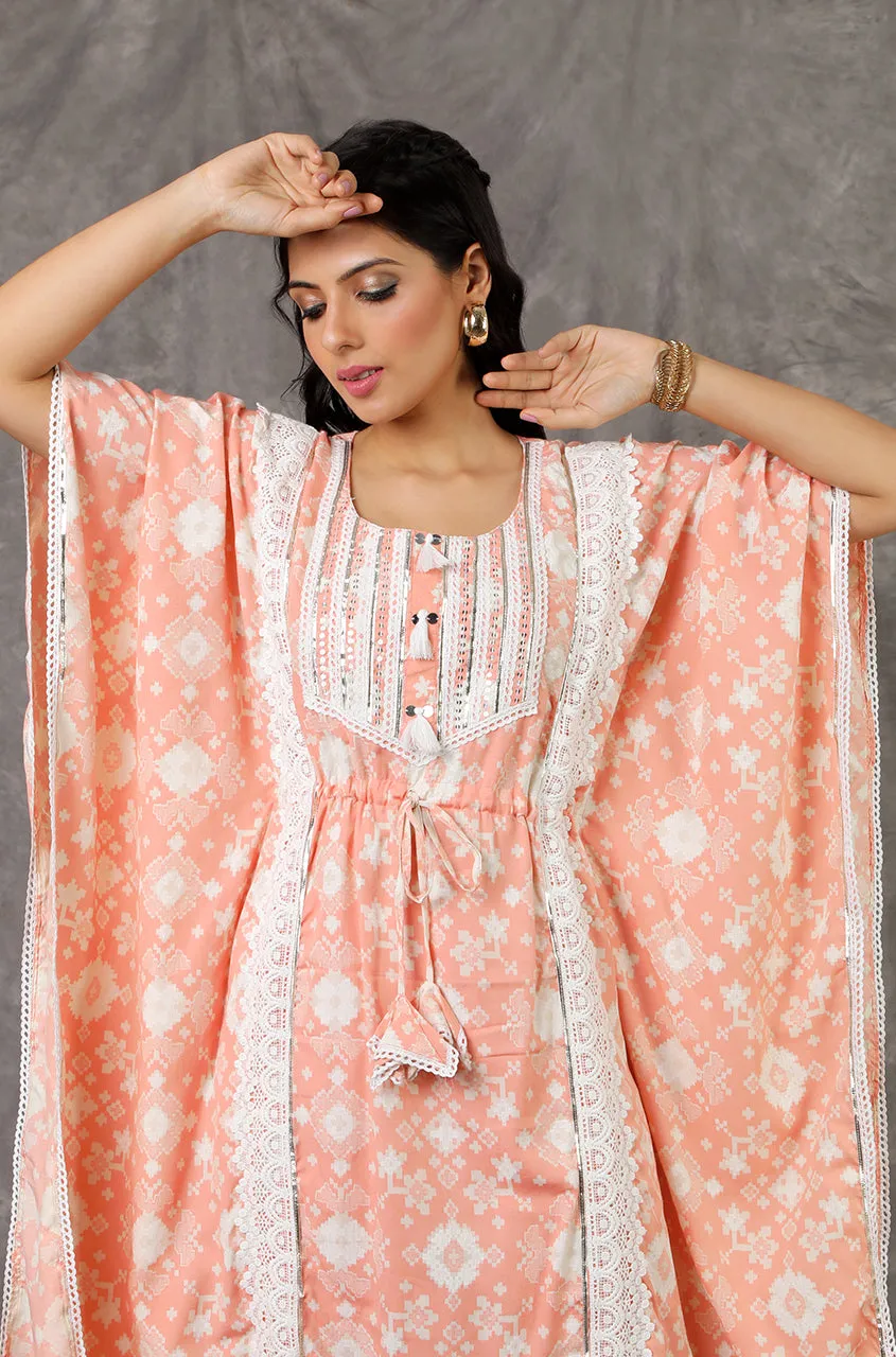 NOOR by ISHNYA - Peach Long Kaftan Set with Embroidered Pants