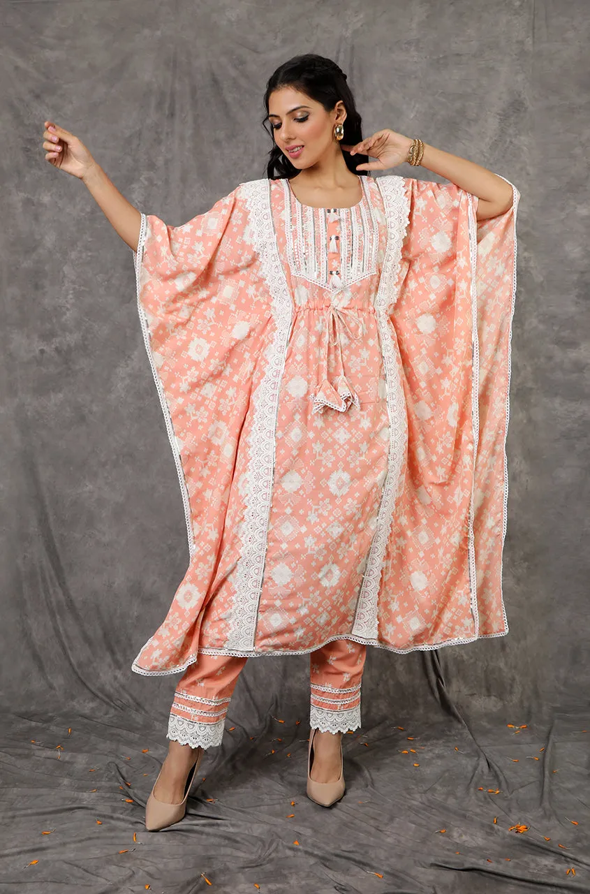 NOOR by ISHNYA - Peach Long Kaftan Set with Embroidered Pants