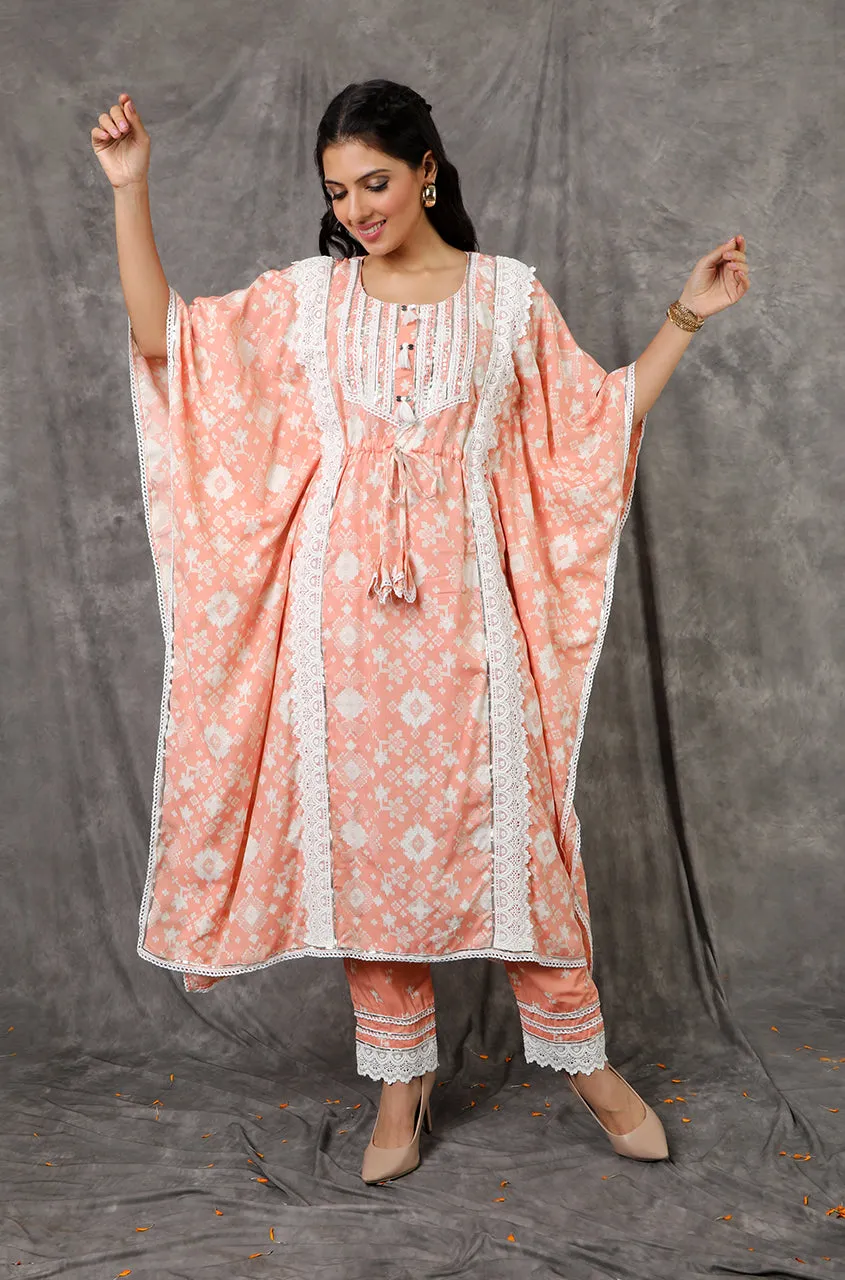 NOOR by ISHNYA - Peach Long Kaftan Set with Embroidered Pants