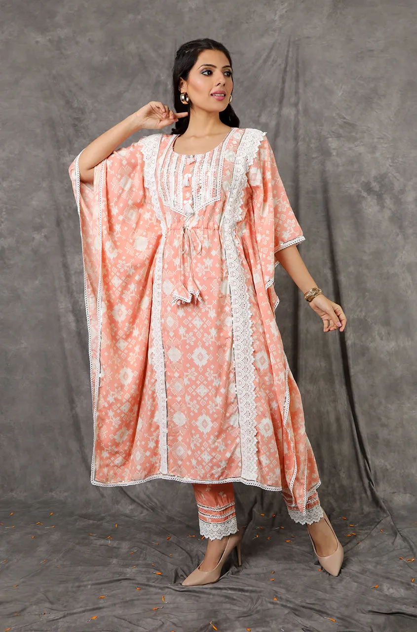 NOOR by ISHNYA - Peach Long Kaftan Set with Embroidered Pants