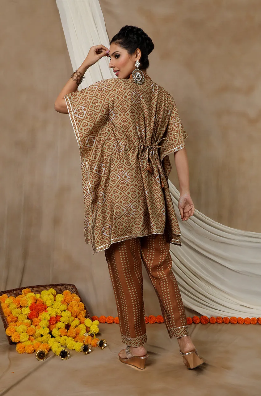 NOOR by ISHNYA - Sand brown Short Kaftan Set with Embroidered Pants