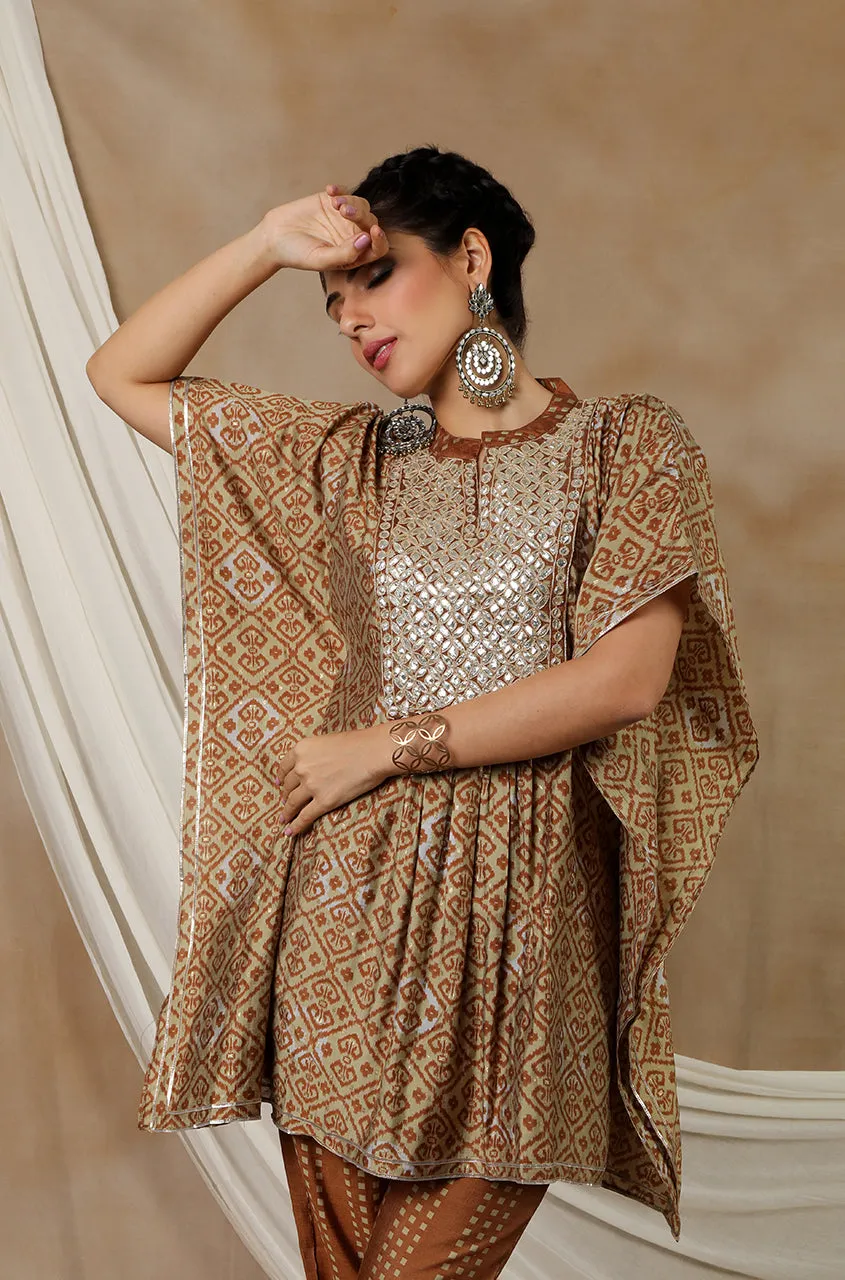 NOOR by ISHNYA - Sand brown Short Kaftan Set with Embroidered Pants