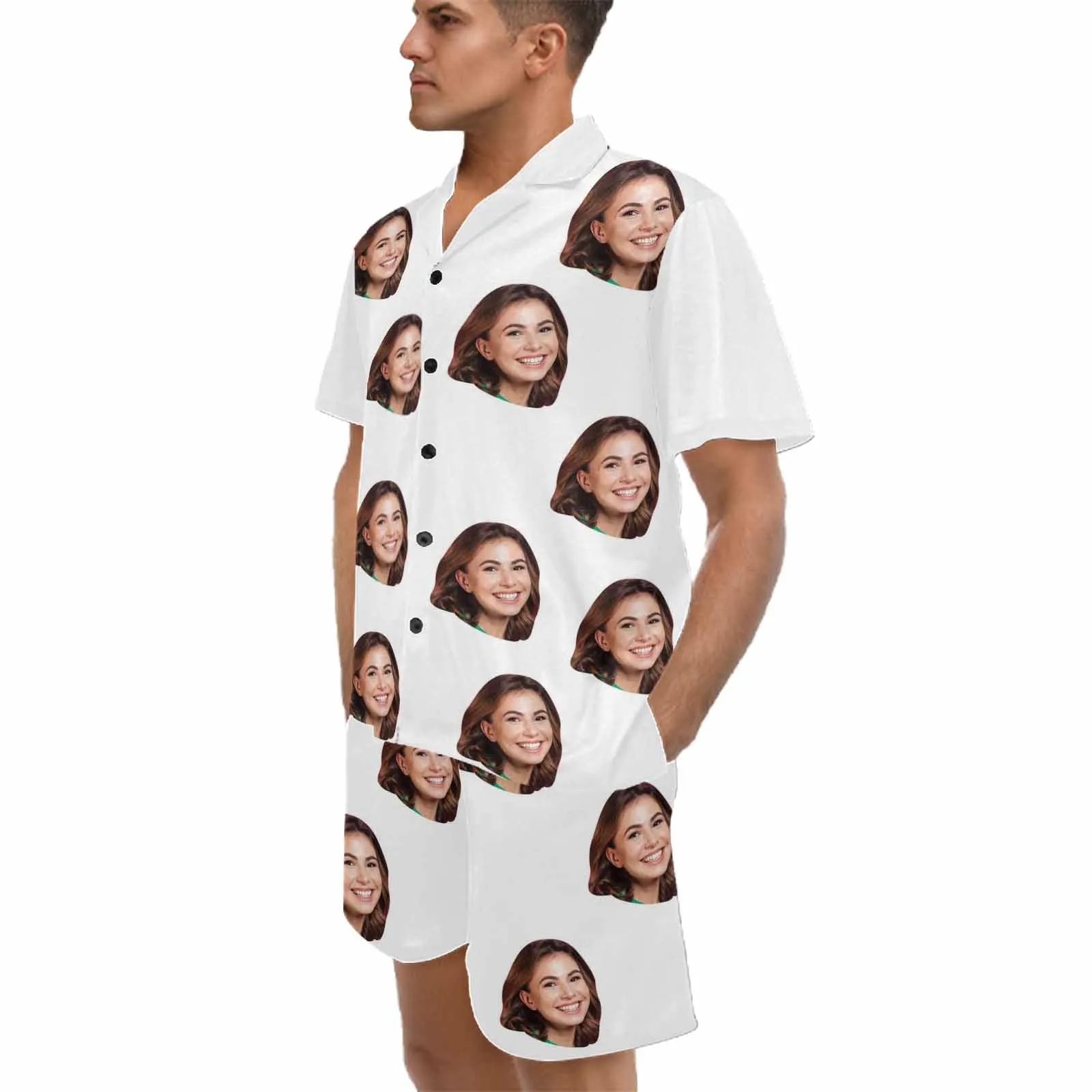 Personalized Pajamas Loungewear Custom Face White Men's V-Neck Short Pajama Set